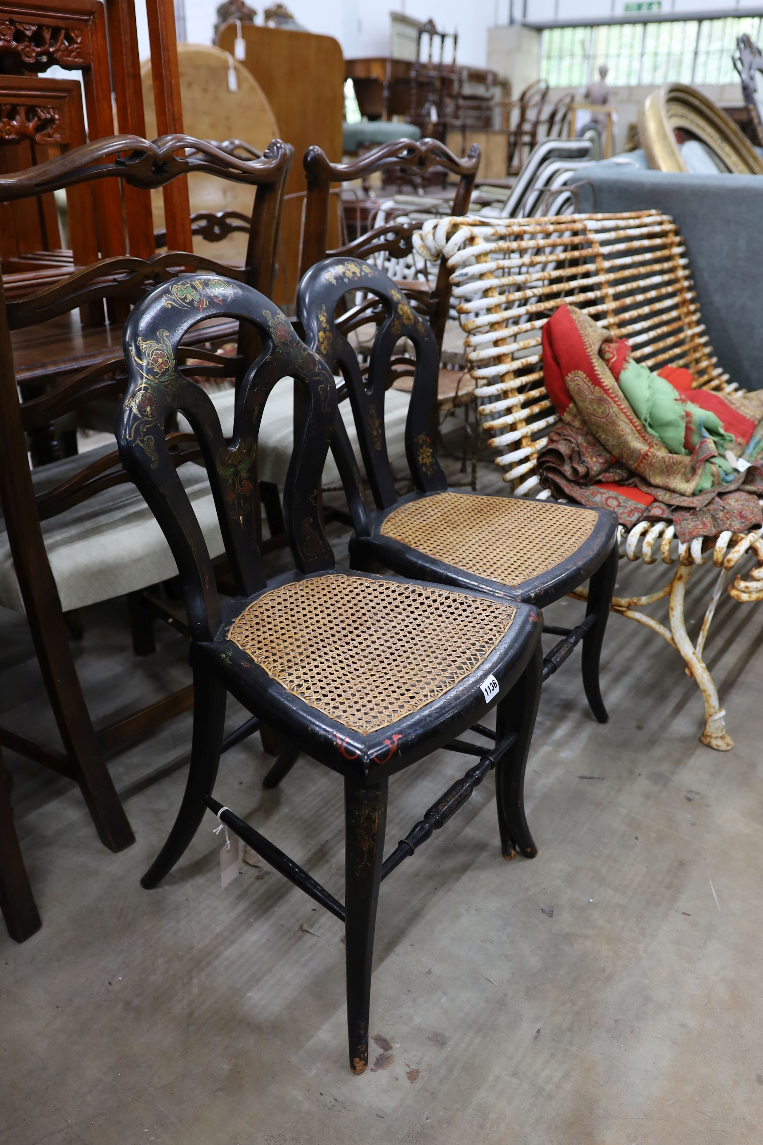 A pair of Victorian cane seated papier mache bedroom chairs